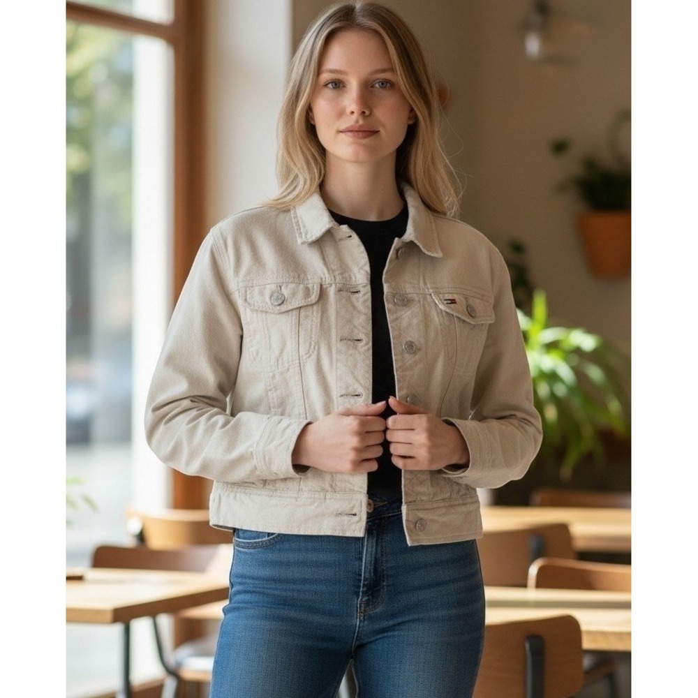 Tommy Hilfiger Women's Denim Jacket Beige Tan Jean Jacket Small